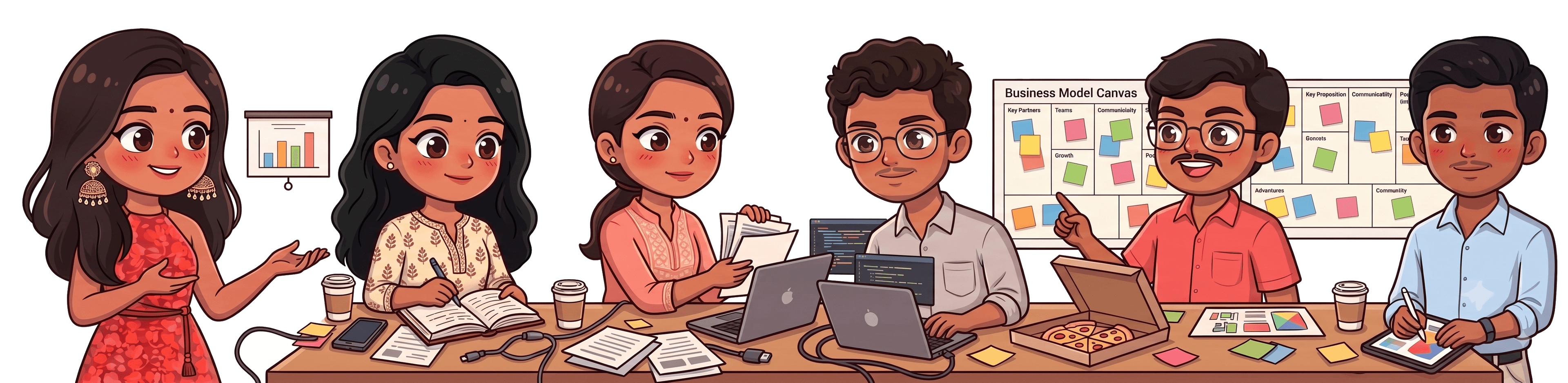 Illustration of a team collaborating on a hackathon project